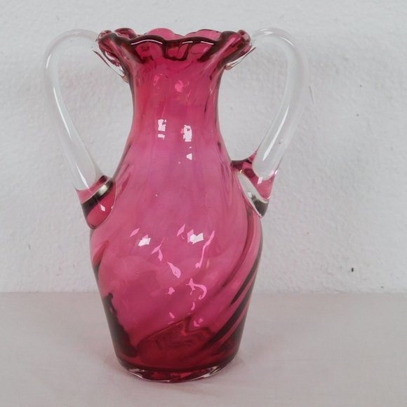 Handblown Clear Cranberry Swirled Glass Vase Ruffled Rim Double Handled 8.25" - Picture 3 of 8